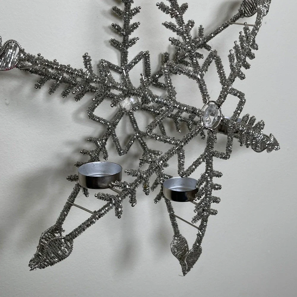 Beaded Silver Snowflake‎ Candelabra Tealight Holder Hanging Christmas Winter